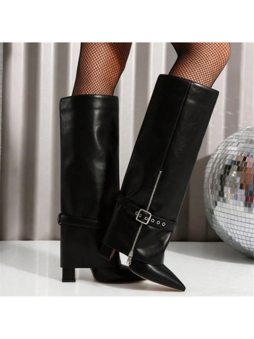 NWT Fold Over  Knee High Boots for Women Chunky High Heels Pointed Toe
